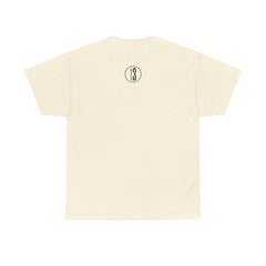 Back view of an oatmeal short-sleeve t-shirt featuring a small circular logo centered near the upper back, just below the neckline. Inside the circle, the number “t3” is printed in a stylized font. The minimalist design complements the front’s playful message, creating a bold yet introspective piece that blends humor, healing, and intentional style.