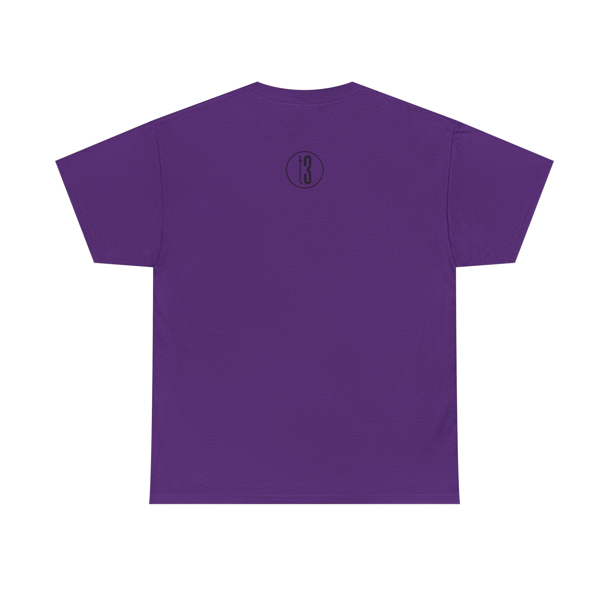 Back view of a purple short-sleeve t-shirt featuring a small circular logo centered near the upper back, just below the neckline. Inside the circle, the number “t3” is printed in a stylized font. The minimalist design complements the front’s playful message, creating a bold yet introspective piece that blends humor, healing, and intentional style.