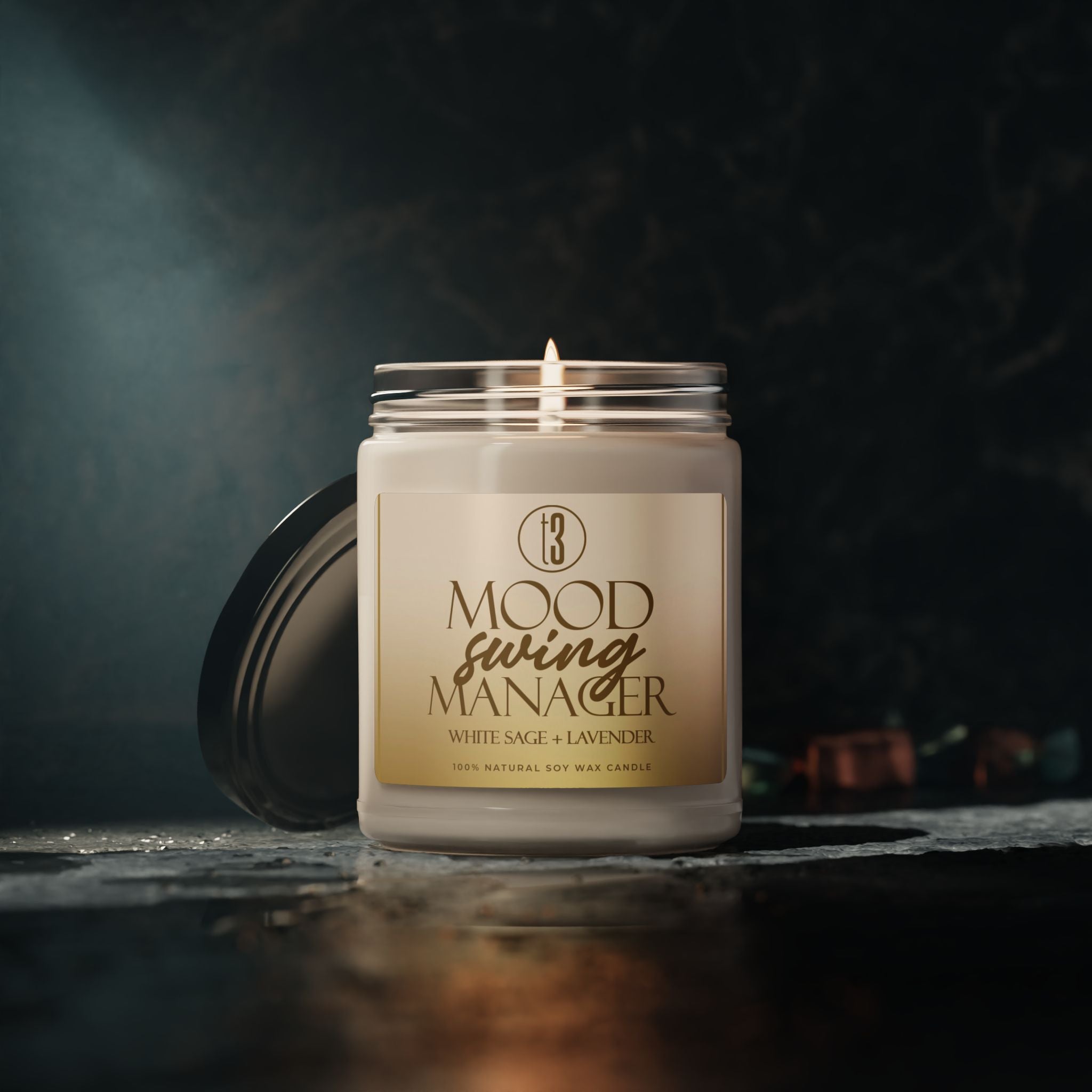 Eco-friendly floral aromatherapy candle with calming lavender and sage scent notes, designed for stress relief and self-care