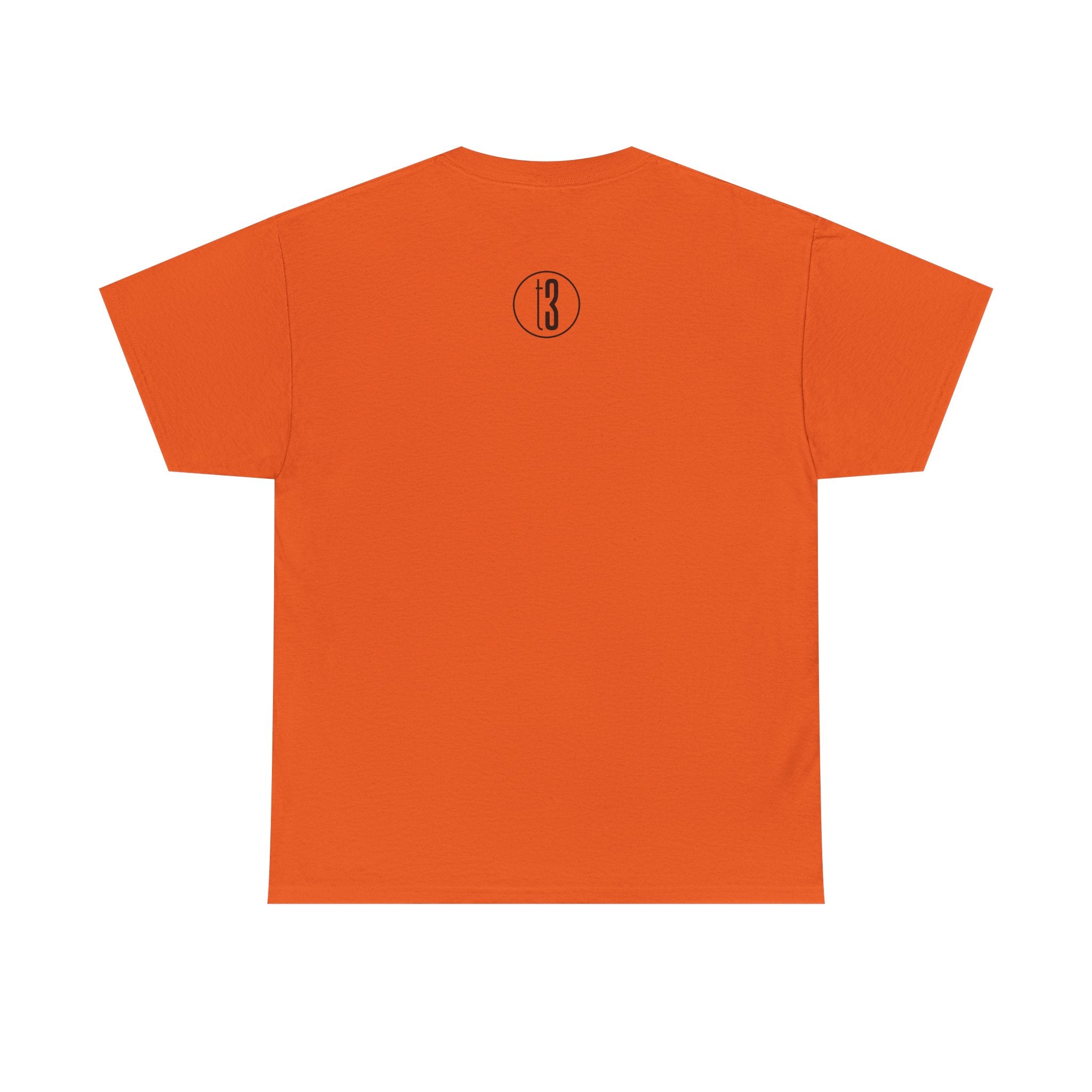 Back view of a bright orange short-sleeve t-shirt featuring a small circular logo centered near the upper back, just below the neckline. Inside the circle, the number “t3” is printed in a stylized font. The minimalist design complements the front’s playful message, creating a bold yet introspective piece that blends humor, healing, and intentional style.