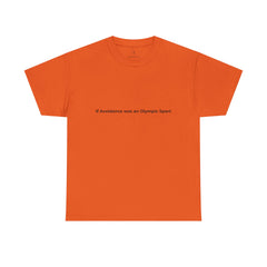An orange t-shirt featuring the phrase “If avoidance was an Olympic sport” printed across the chest in minimalist black lettering. The shirt is styled to evoke emotional honesty and playful self-awareness, aligning with the T3 Wellness ethos of healing through humor and truth. Displayed against a warm-toned background that reflects calm, clarity, and intentional living.