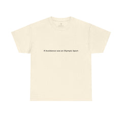 Beige t-shirt with the phrase “If avoidance was an Olympic sport” printed across the chest. A playful nod to emotional self-awareness, styled with warmth and intention in line with the T3 Wellness brand.