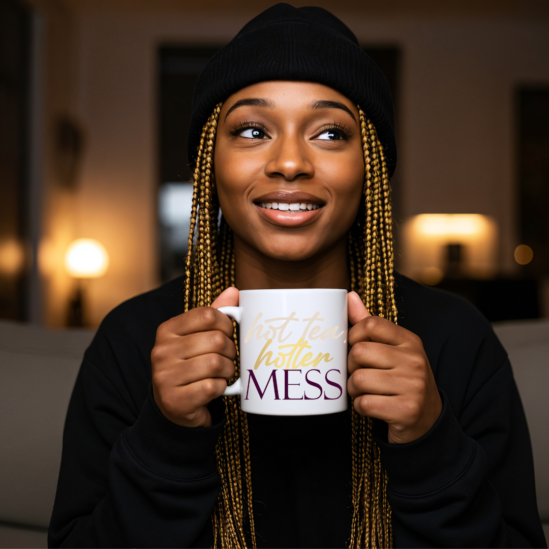 11oz ceramic mug with Hot Tea, Hotter Mess slogan, BPA-free and microwave safe with comfortable C-handle.