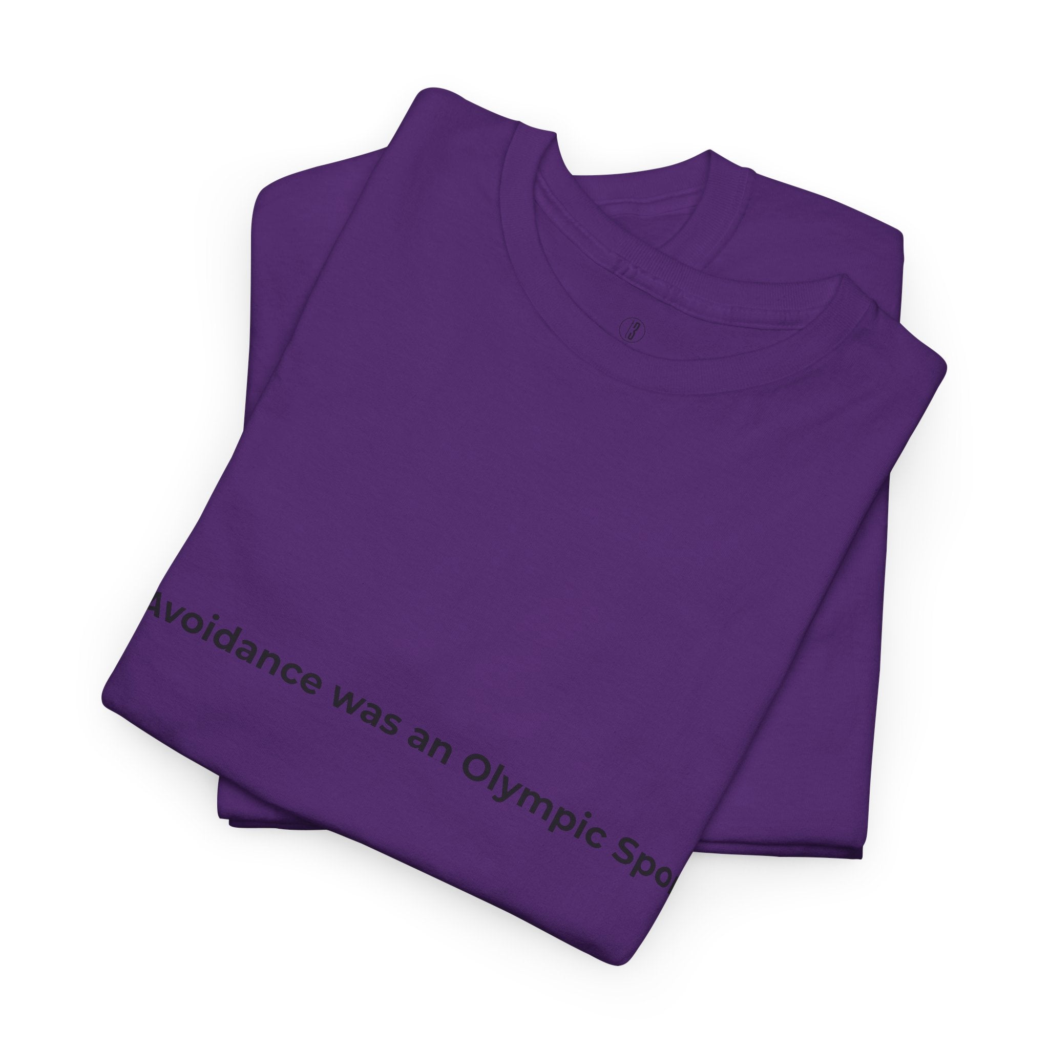 Folded purple t-shirt with text on a white background